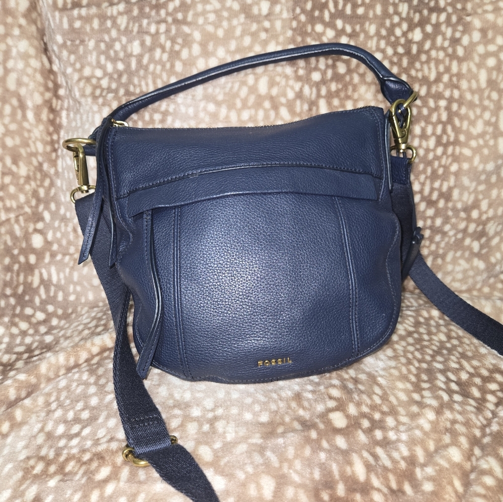 Fossil Blue Crossbody Bag with Structured Design and Metallic Accents